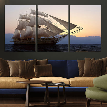 31270610-MGV-CV-36X24-Sailing Ship Wall Art – Sunset Seascape Canvas Print with Tall Ship at Sea, Nautical Ocean Decor for Living Room, Office, or