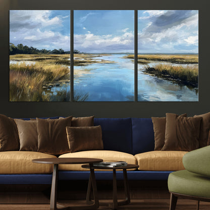 87082041-MGV-CV-36X24-Painted Marshland Canvas Wall Art – Serene Water Reflection, Blue Sky, Golden Grass Landscape, Calm Nature Decor for Home, Office,