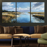 87082041-MGV-CV-36X24-Marshland Landscape Wall Art – Serene Nature Canvas Print with Blue Sky and Reflections, Tranquil Scenic Painting for Living Room,