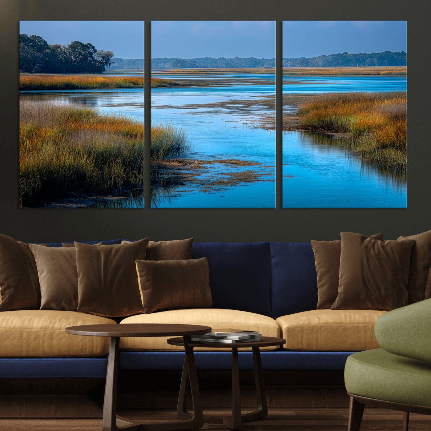 26300004-MGV-CV-36X24-Marshland Landscape Wall Art – Scenic Nature Canvas Print with Golden Grass and Blue Water, Peaceful River Photography for Living