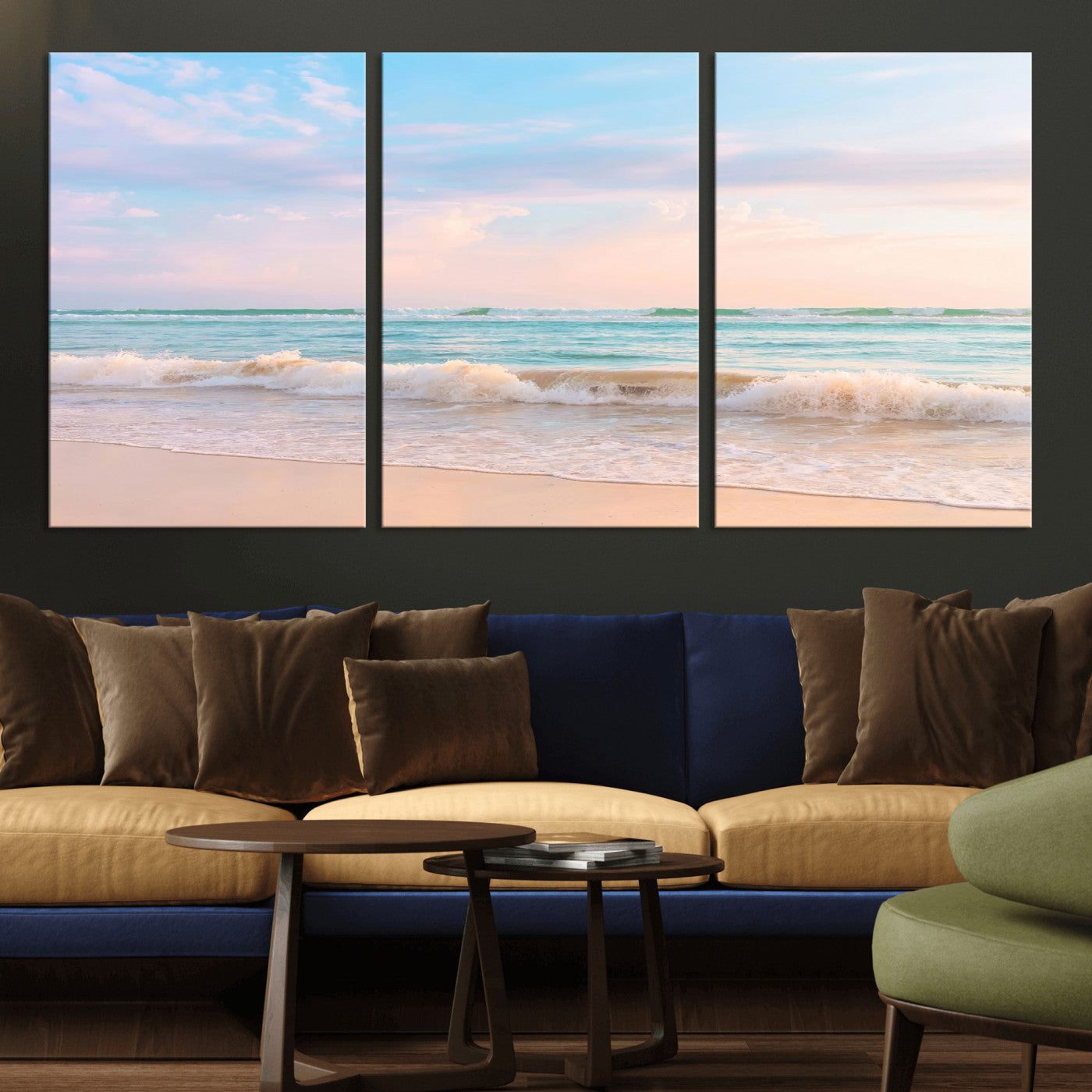 88024944-MGV-CV-36X24-Serene Ocean Waves Canvas Wall Art – Pastel Sky, Soft Sand Beach, Tranquil Seascape, Calm Water Coastal Nature, Relaxing Peaceful