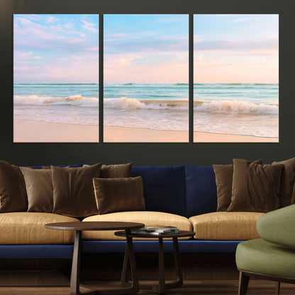 88024944-MGV-CV-36X24-Beach Landscape Wall Art – Coastal Ocean Canvas Print with Gentle Waves and Pastel Sky, Serene Seascape Photography for Living