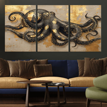 57944271-MGV-CV-36X24-Octopus Wall Art – Black and Gold Nautical Canvas Print, Modern Ocean Inspired Artwork with Elegant Detailing, Coastal Marine