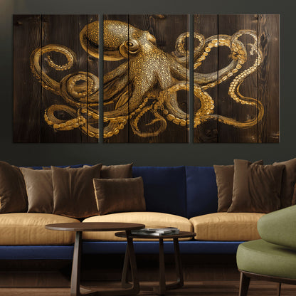 56769669-MGV-CV-36X24-Octopus Wall Art – Gold Nautical Canvas Print with Rustic Wood Panel Design, Detailed Marine Artwork for Coastal Ocean Decoration