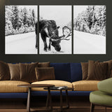 38956835-MGV-CV-36X24-Moose Wall Art – Black and White Wildlife Canvas Print with Snowy Forest Road, Rustic Nature Photography for Cabin, Lodge, Living