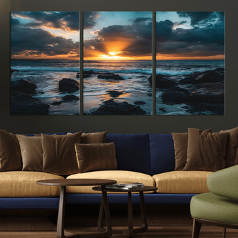 66040852-MGV-CV-36X24-Ocean Sunset Canvas Wall Art – Rocky Shore Waves, Dramatic Clouds, Golden Sun Rays, Coastal Nature, Serene Water Reflection for