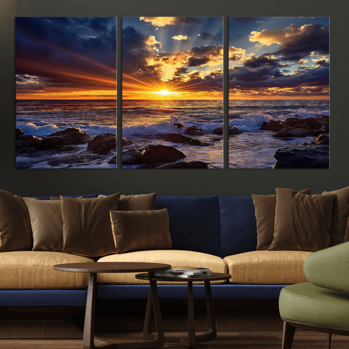35900590-MGV-CV-36X24-Ocean Sunset Wall Art – Vivid Seascape Canvas Print with Sunburst Sky, Crashing Waves and Rocky Shore, Dramatic Coastal