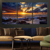 35900590-MGV-CV-36X24-Ocean Sunset Wall Art – Vivid Seascape Canvas Print with Sunburst Sky, Crashing Waves and Rocky Shore, Dramatic Coastal