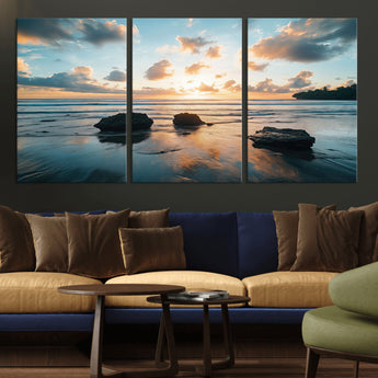 23879436-MGV-CV-36X24-Ocean Sunset Wall Art – Serene Seascape Canvas Print with Golden Sky, Reflections on Sand and Calm Waves, Peaceful Coastal