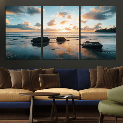 23879436-MGV-CV-36X24-Ocean Sunset Wall Art – Serene Seascape Canvas Print with Golden Sky, Reflections on Sand and Calm Waves, Peaceful Coastal
