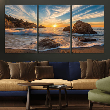 85659923-MGV-CV-36X24-Rocky Ocean Sunset Canvas Wall Art – Seaside Dramatic Seascape Print, Coastal Modern Decor, Ocean Sunset Art for Living Room or