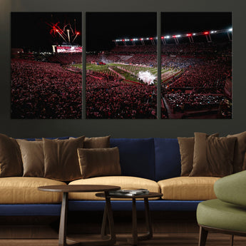 60690191-MGV-CV-36X24-Stadium Wall Art – Night Game Football Canvas Print with Fireworks, Marching Band and Crowd, Panoramic Sports Photography for Man