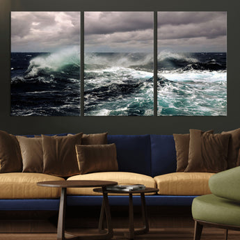 38622353-MGV-CV-36X24-Ocean Wave Wall Art – Dramatic Seascape Canvas Print with Stormy Sky and Crashing Sea, Bold Coastal Photography for Living Room,