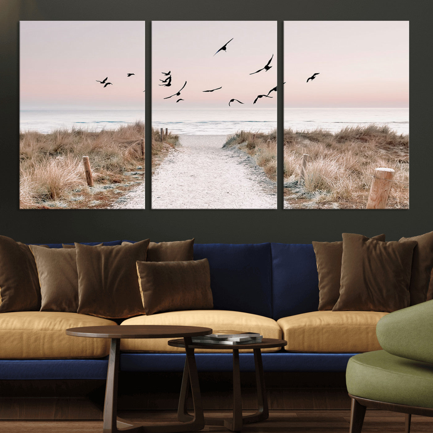 34632598-MGV-CV-36X24-Coastal Pathway Canvas Wall Art – Framed Seaside Landscape, Large Beach and Birds Canvas Print for Home, Office, or Living Room