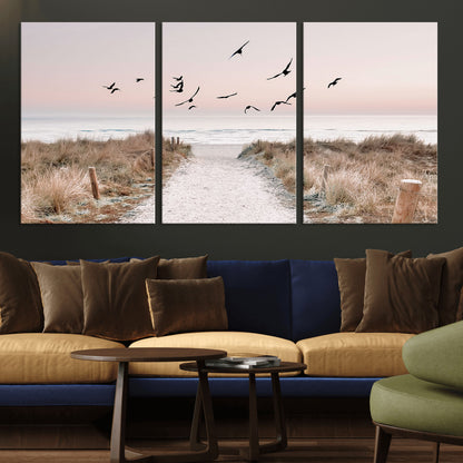 34632598-MGV-CV-36X24-Coastal Pathway Canvas Wall Art – Framed Seaside Landscape, Large Beach and Birds Canvas Print for Home, Office, or Living Room