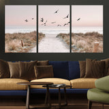 34632598-MGV-CV-36X24-Beach Pathway Wall Art – Coastal Canvas Print with Sandy Trail, Flying Birds and Pastel Sky, Serene Ocean Landscape Photography