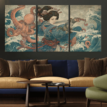 52037775-MGV-CV-36X24-Samurai Woman Wall Art – Japanese Ukiyo e Style Canvas Print with Katana, Ocean Waves and Octopus, Traditional Asian Inspired