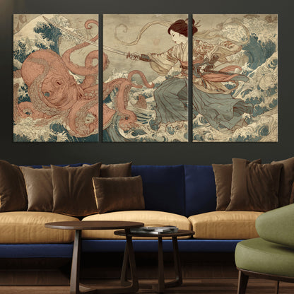 54879547-MGV-CV-36X24-Tsukioka Yoshitoshi Samurai Wall Art Print, Japanese Katana Warrior Canvas Wall Art, Octopus Sea Monster Canvas Print,