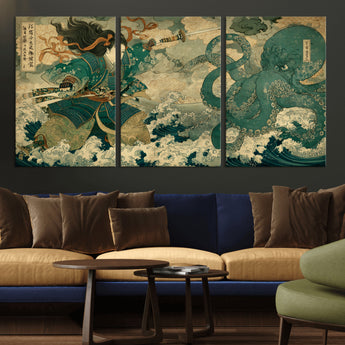 24416422-MGV-CV-36X24-Samurai vs Octopus Wall Art – Japanese Warrior Ocean Battle Canvas Print, Ukiyo e Inspired Decor for Home, Office, or Man Cave