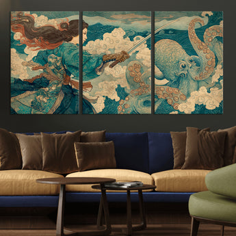 37943964-MGV-CV-36X24-Tsukioka Yoshitoshi Samurai Wall Art Print, Japanese Katana Warrior Canvas Wall Art, Octopus Sea Monster Canvas Print,