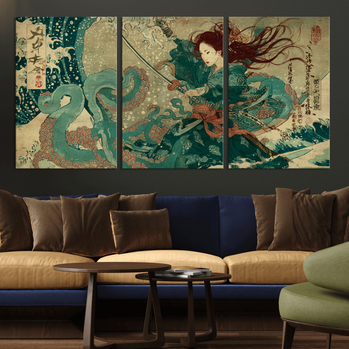 86918027-MGV-CV-36X24-Tsukioka Yoshitoshi Samurai Wall Art Print, Japanese Katana Warrior Canvas Wall Art, Octopus Sea Monster Canvas Print,