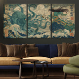 60346622-MGV-CV-36X24-Tsukioka Yoshitoshi Samurai Wall Art Print, Japanese Katana Warrior Canvas Wall Art, Octopus Sea Monster Canvas Print,
