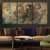 98593115-MGV-CV-36X24-Tsukioka Yoshitoshi Samurai Wall Art Print, Japanese Katana Warrior Canvas Wall Art, Octopus Sea Monster Canvas Print,