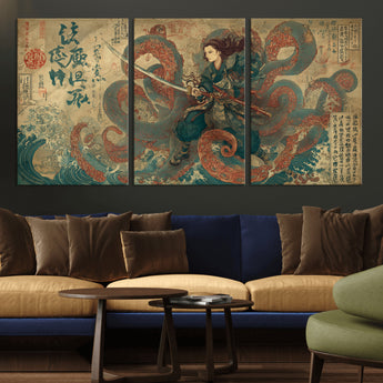 98593115-MGV-CV-36X24-Tsukioka Yoshitoshi Samurai Wall Art Print, Japanese Katana Warrior Canvas Wall Art, Octopus Sea Monster Canvas Print,