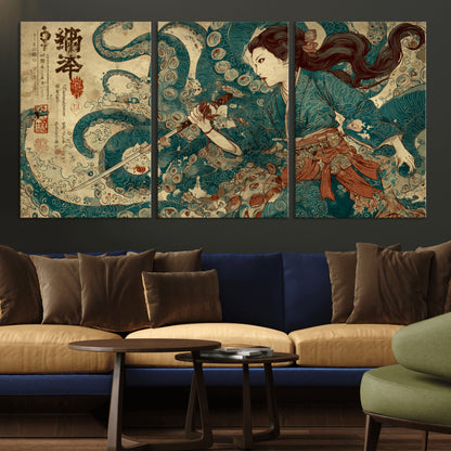 18575670-MGV-CV-36X24-Samurai Woman vs Octopus Wall Art – Japanese Ukiyo-e Ocean Battle Canvas Print, Traditional Warrior Artwork for Living Room,