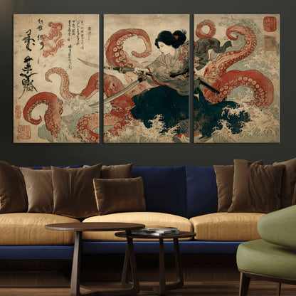 50812504-MGV-CV-36X24-Tsukioka Yoshitoshi Samurai Wall Art Print, Japanese Katana Warrior Canvas Wall Art, Octopus Sea Monster Canvas Print,
