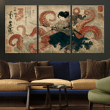 50812504-MGV-CV-36X24-Samurai Woman vs Octopus Wall Art – Japanese Ukiyo-e Red Tentacle Canvas Print, Ocean Battle Artwork for Living Room, Office, Man