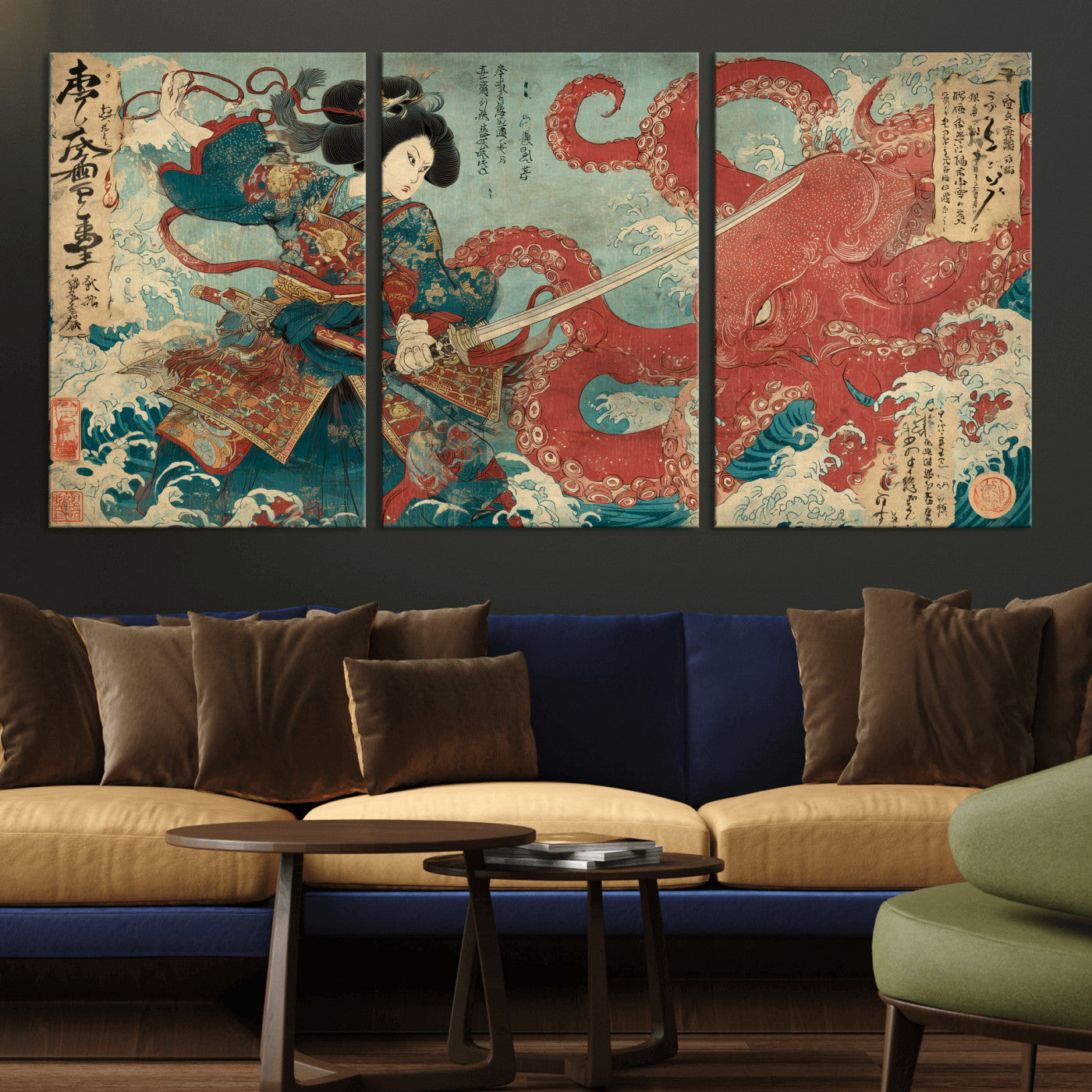 68844327-MGV-CV-36X24-Tsukioka Yoshitoshi Samurai Wall Art Print, Japanese Katana Warrior Canvas Wall Art, Octopus Sea Monster Canvas Print,