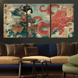68844327-MGV-CV-36X24-Tsukioka Yoshitoshi Samurai Wall Art Print, Japanese Katana Warrior Canvas Wall Art, Octopus Sea Monster Canvas Print,