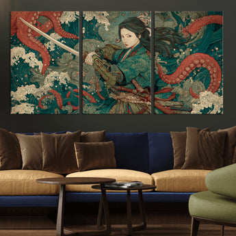 35461724-MGV-CV-36X24-Samurai Woman vs Octopus Wall Art – Japanese Ukiyo-e Ocean Waves Canvas Print, Red Tentacle Battle Artwork for Living Room,