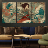 63377977-MGV-CV-36X24-Tsukioka Yoshitoshi Samurai Wall Art Print, Japanese Katana Warrior Canvas Wall Art, Octopus Sea Monster Canvas Print,
