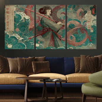 91666601-MGV-CV-36X24-Samurai Woman vs Octopus Wall Art – Japanese Ukiyo-e Green Robe Canvas Print, Ocean Battle Artwork for Living Room, Office, Man