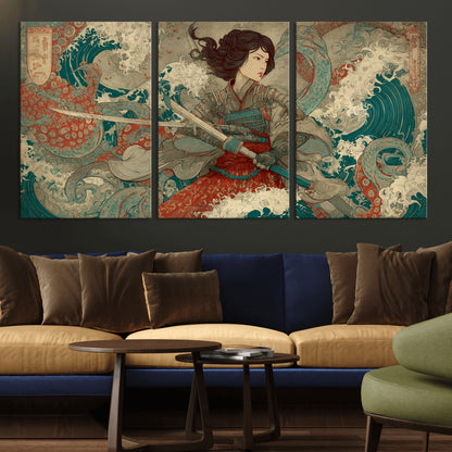 37797255-MGV-CV-36X24-Samurai Woman vs Octopus Wall Art – Japanese Ukiyo-e Red Armor Ocean Battle Canvas Print, Warrior Artwork for Living Room, Office,