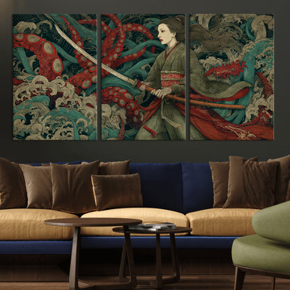 18902796-MGV-CV-36X24-Samurai Woman vs Octopus Wall Art – Japanese Ukiyo-e Green Kimono Canvas Print, Ocean Battle Scene Artwork for Living Room,