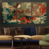 60201267-MGV-CV-36X24-Samurai Woman vs Octopus Wall Art – Japanese Ukiyo-e Armor Canvas Print, Red Tentacle Ocean Battle Artwork for Living Room,