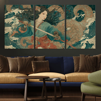 79740258-MGV-CV-36X24-Tsukioka Yoshitoshi Samurai Wall Art Print, Japanese Katana Warrior Canvas Wall Art, Octopus Sea Monster Canvas Print,