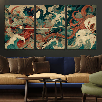 30212982-MGV-CV-36X24-Samurai Woman vs Octopus Wall Art – Japanese Ukiyo-e Style Warrior and Sea Monster Canvas Print, Mythology Inspired Artwork for