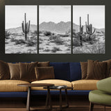 97436PHN-MGV-CV-36X24-Desert Landscape Wall Art – Black and White Cactus and Mountain Canvas Print, Southwestern Nature Photography for Living Room,