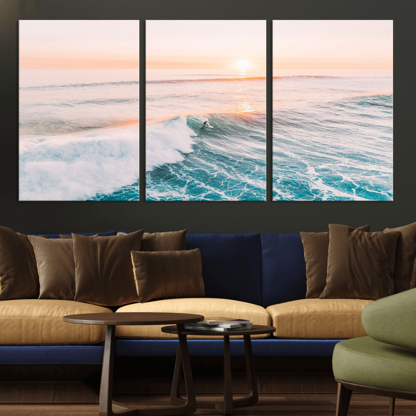 34064591-MGV-CV-36X24-Surfing Wall Art – Sunset Ocean Wave Canvas Print, Surfer Riding Sea Photography Decor for Bedroom, Living Room, Office, Coastal