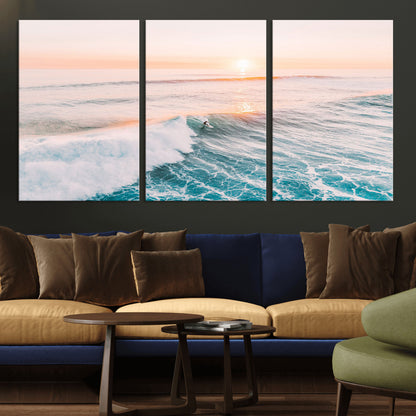 34064591-MGV-CV-36X24-Surfing Wall Art – Sunset Ocean Wave Canvas Print, Surfer Riding Sea Photography Decor for Bedroom, Living Room, Office, Coastal