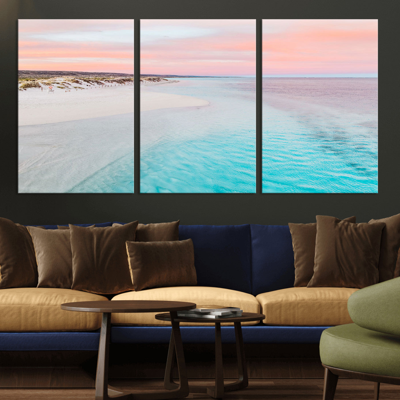 41613614-MGV-CV-36X24-Beach Sunset Wall Art – Pastel Ocean Canvas Print, Turquoise Water and Pink Sky Photography Decor for Bedroom, Living Room, Office