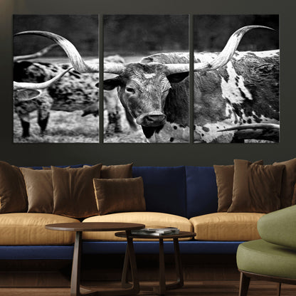 15425553-MGV-CV-36X24-Western Wall Art – Longhorn Cattle Black and White Canvas Print, Rustic Ranch Photography Decor for Bedroom, Living Room, Office,