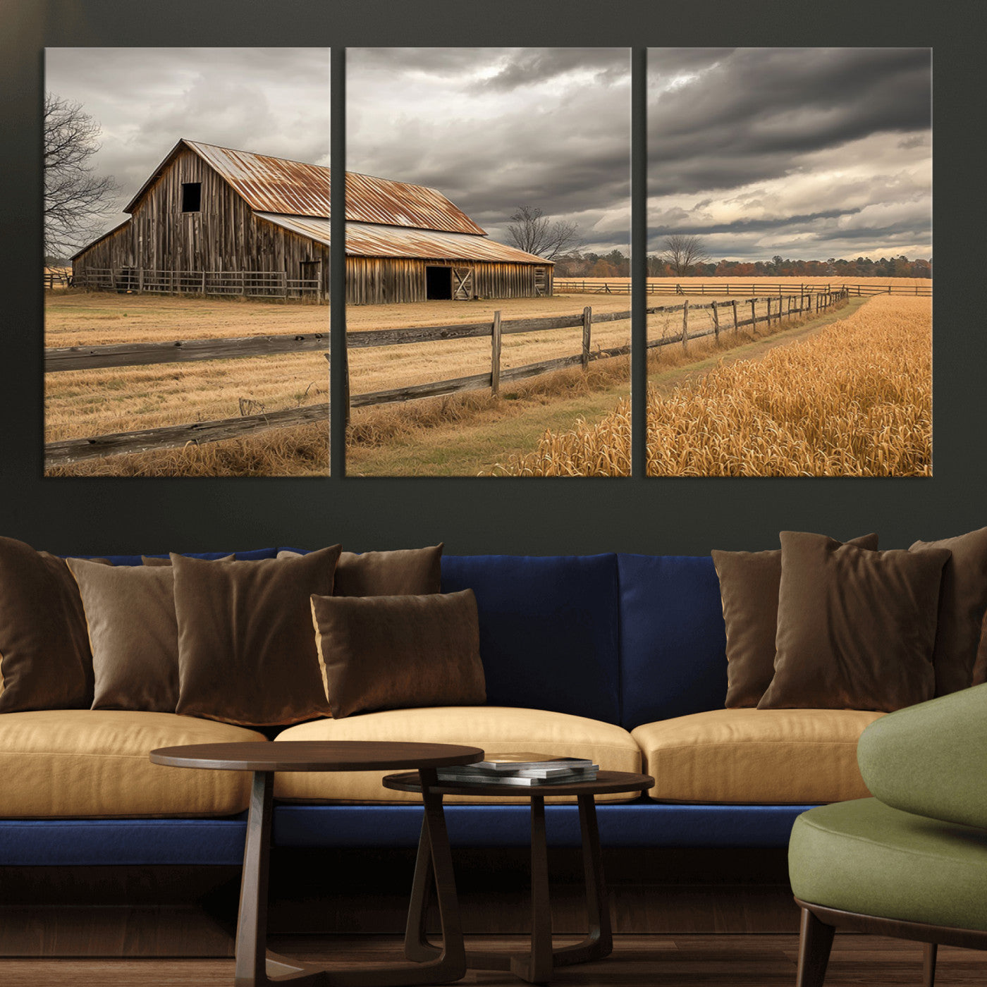 21991117-MGV-CV-36X24-Rustic Barn Wall Art – Weathered Farmhouse Canvas Print, Stormy Sky and Golden Field Photography Decor for Bedroom, Living Room,