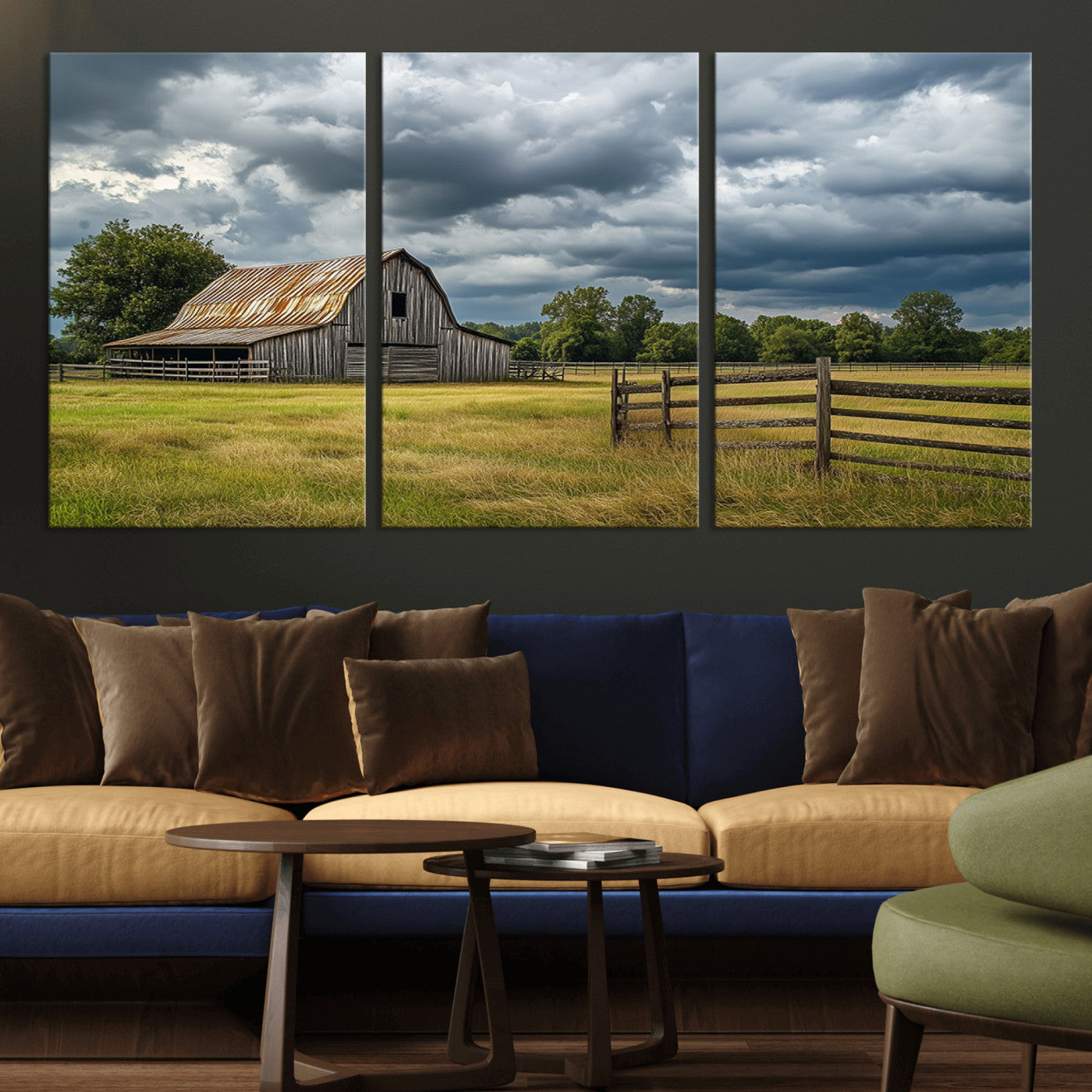 39409517-MGV-CV-36X24-Rustic Barn Wall Art – Weathered Farmhouse and Storm Clouds Canvas Print, Country Landscape Photography Decor for Bedroom, Living