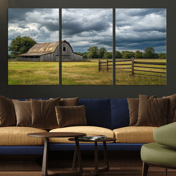 39409517-MGV-CV-36X24-Rustic Barn Wall Art – Weathered Farmhouse and Storm Clouds Canvas Print, Country Landscape Photography Decor for Bedroom, Living