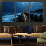 48300530-MGV-CV-36X24-Night Pier Wall Art – Moody Ocean Boardwalk Canvas Print, Impressionist Coastal Seascape Painting Decor for Living Room, Office,